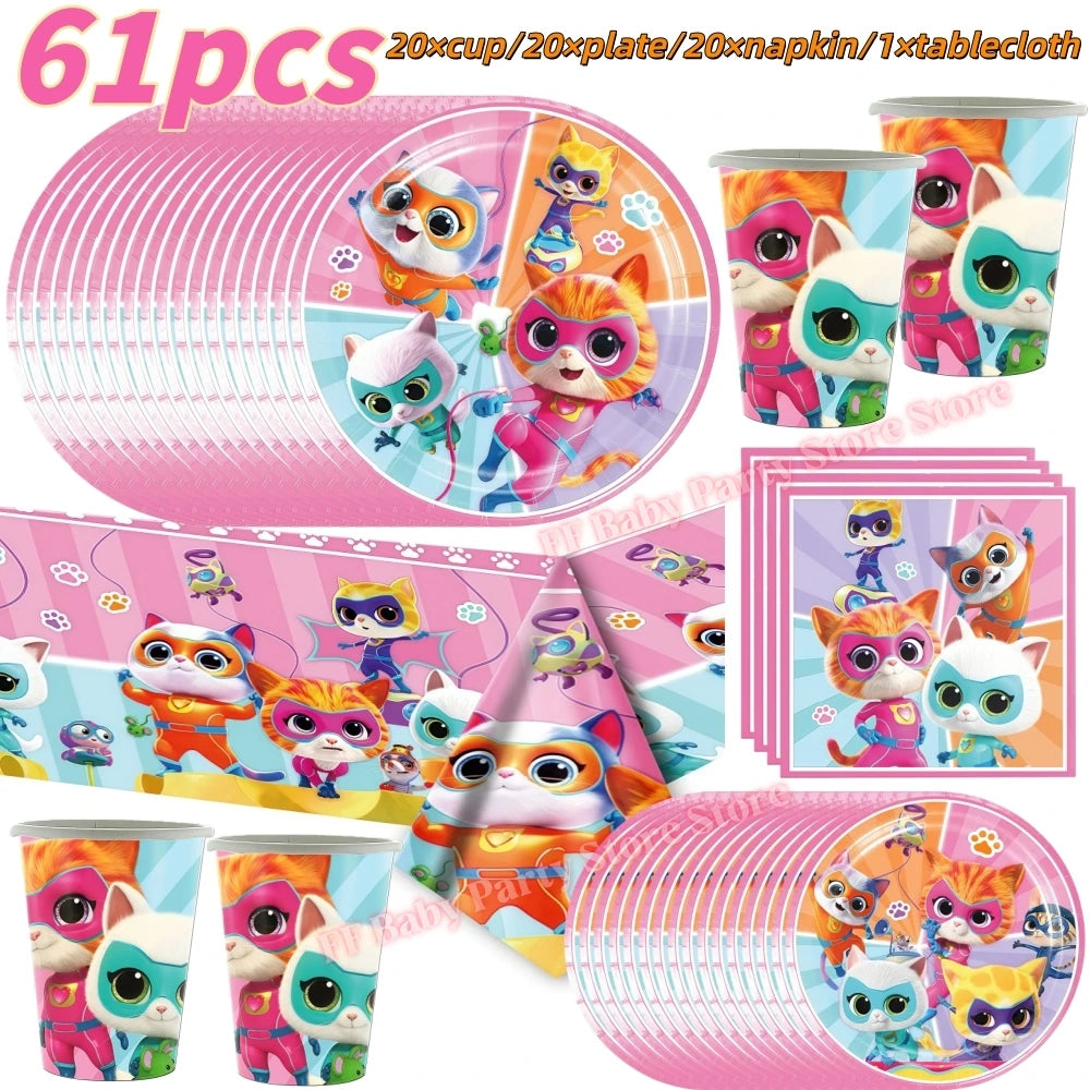 Cat Kitty Birthday Party Supplies – Plates, Cups & Balloons Set Party Supply Kit Babs 61pcs
