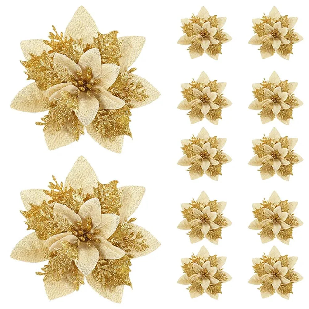 Christmas Glitter Flower Ornaments Pink Red Gold 5/10pcs Christmas Tree Ornaments Babs Gold 5Pcs