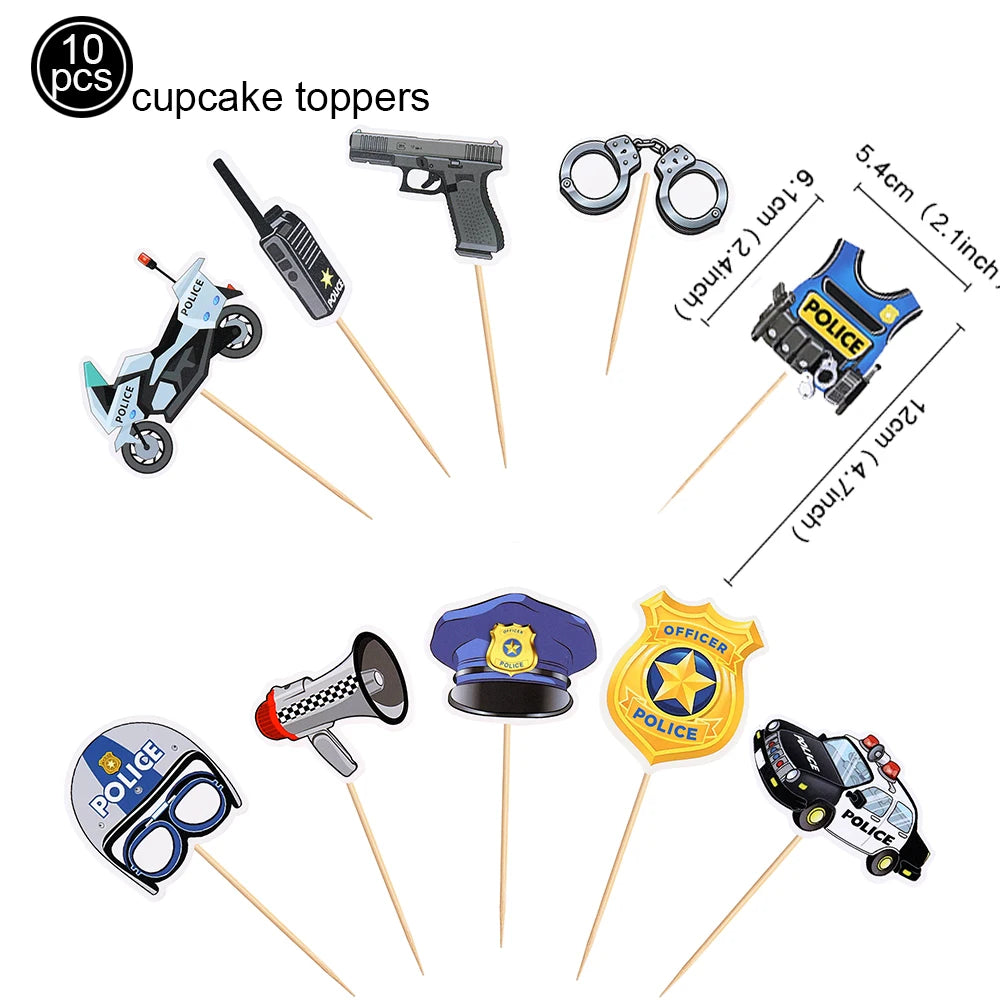 Police Theme Kids Party Supplies – Plates, Cups & Balloons Set Party Supply Set Babs 10pcs cake topper As pictures show