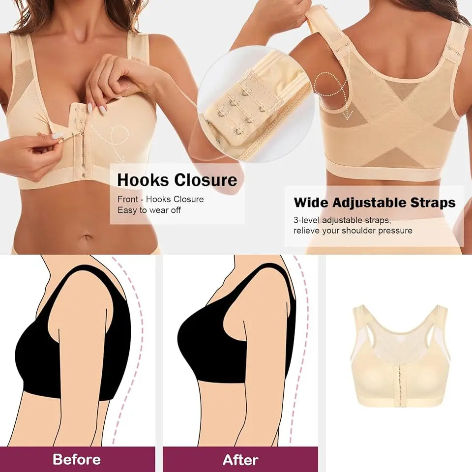 Front Closure Posture Bra – Wire-Free Push Up Cross Back Posture Corrector Bra Babs