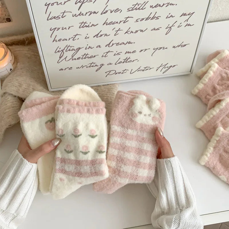 Women's Thick Pink Strawberry Cozy Home Socks – Soft & Warm Casual Cozy Socks Babs