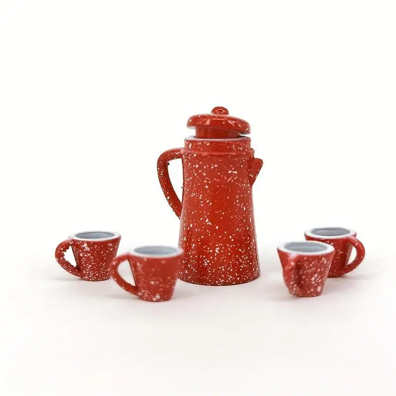 5-Piece Miniature Tea Set – Red Ceramic Kettle & Cups Decor Miniature Collectible Set Babs