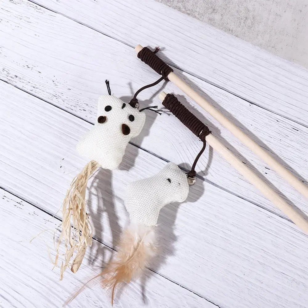 Cat Teaser Wand Toy – Feather, Bell & Linen Mouse Interactive Cat Teaser Wand Babs