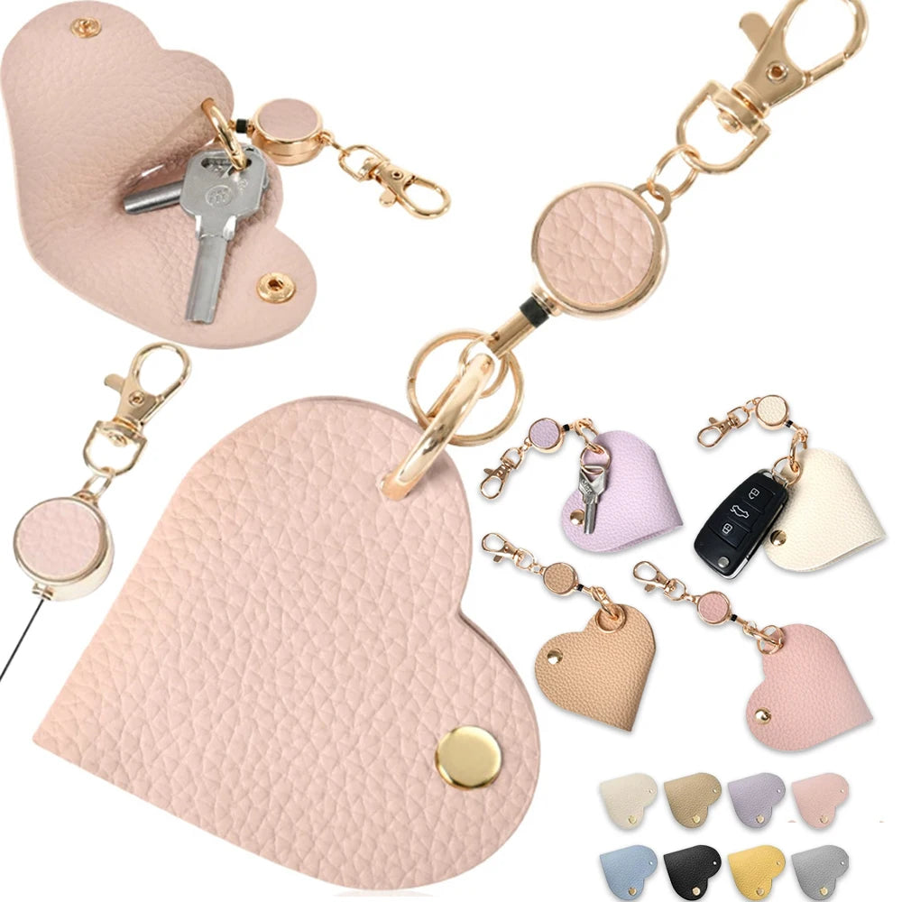 Heart-Shaped Leather Key Bag with Retractable Pull Tab Leather Key Holder Babs