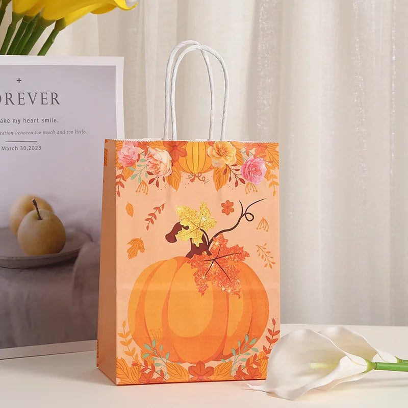 Thanksgiving Kraft Gift Bags | Maple Leaf, Pumpkin & Turkey Print Kraft Paper Gift Bags Babs