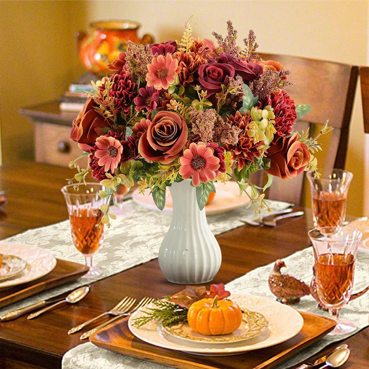 4Pcs Artificial Silk Roses & Hydrangea Bouquet | Wedding Home Decor Artificial Flower Bouquet Babs