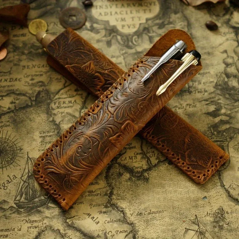 Genuine Leather Pen Pouch – Embossed Floral Cowhide Case Leather Pen Pouch Babs