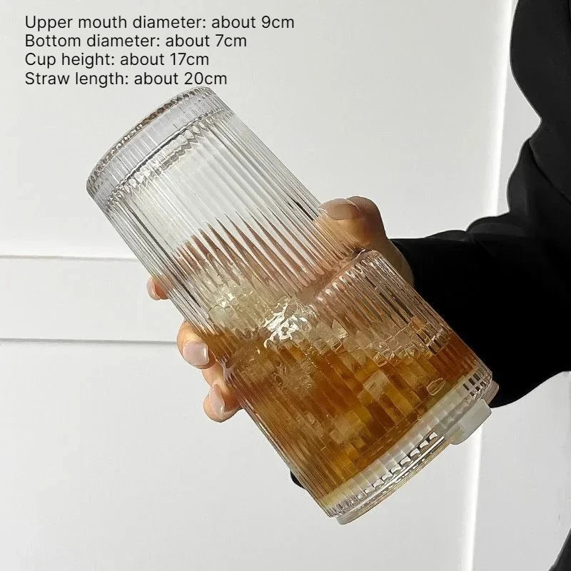 Striped Glass Cup with Lid & Straw – 600ml Transparent Drinkware Glass Drinkware Babs