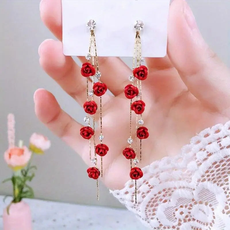 Rose Petal Drop Earrings – Blue White Tassel Dangle for Women Dangle Drop Earrings Babs