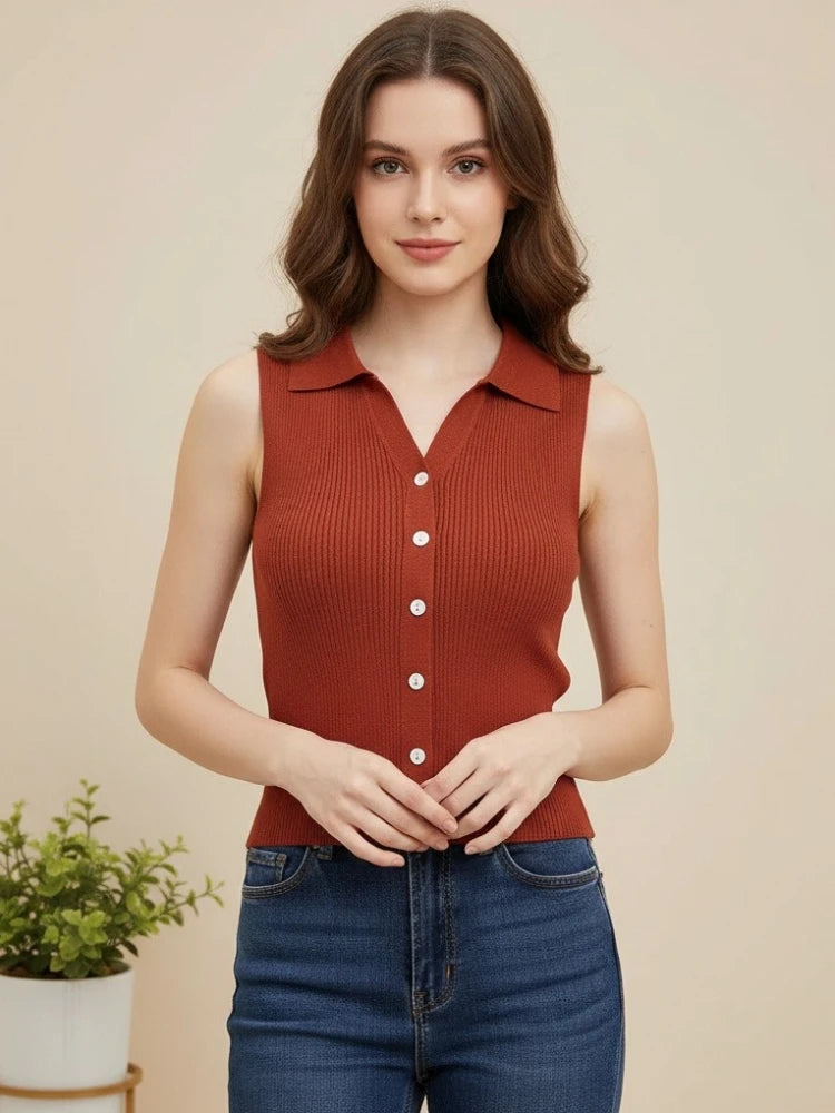 Women's Solid Knit Sleeveless Cardigan – Korean Style Jumper Knit Cardigan Babs Red One Size
