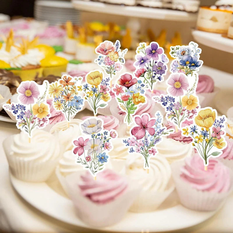 18Pcs Boho Wildflower Cupcake Toppers – Birthday & Baby Shower Cupcake Toppers Babs