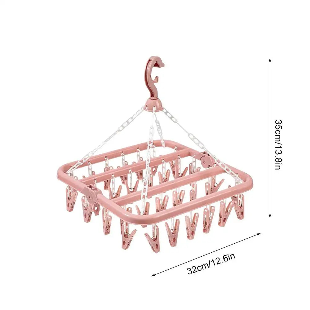 32-Clip Windproof Clothes Drying Hanger – Laundry Rack for Socks Laundry Drying Rack Babs Pink