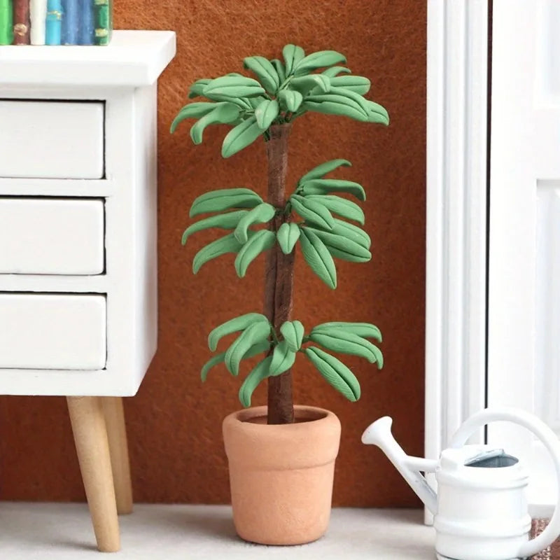 1:12 Dollhouse Miniature Potted Plant – Green Leaf Garden Decor Dollhouse Miniature Babs