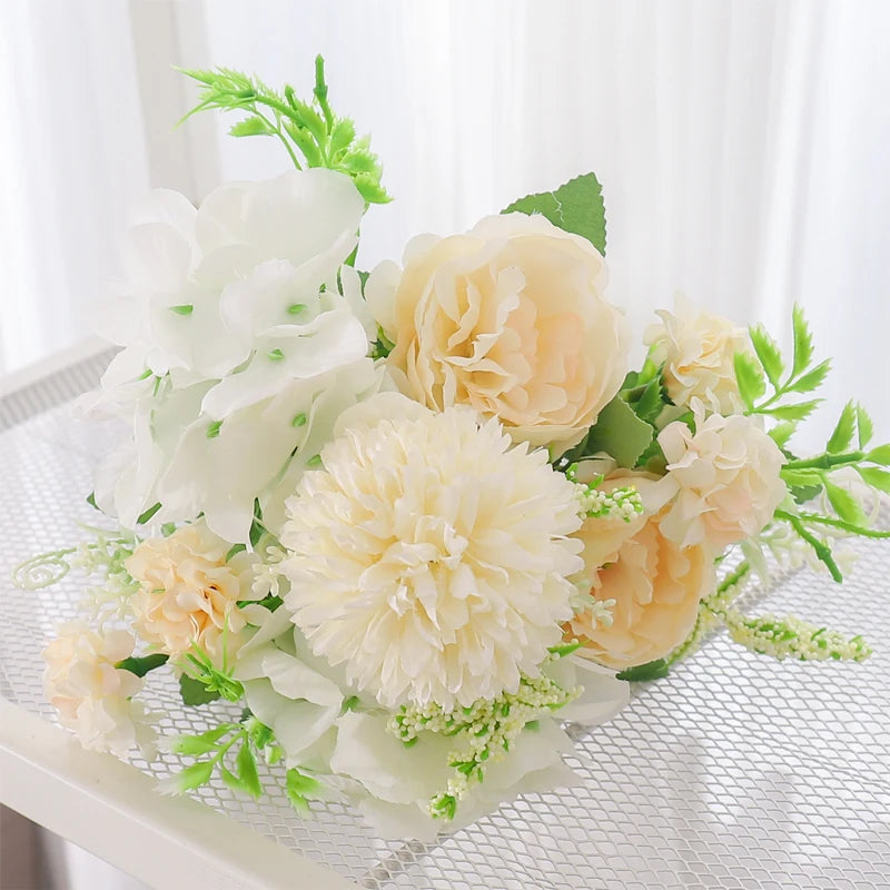 Silk Peony & Hydrangea Artificial Flower Bouquet | Home Décor Artificial Flower Bouquet Babs White Yellow