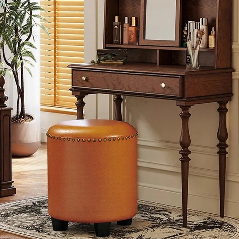 Retro Round Ottoman Stool – Genuine Leather & Pine Wood, 35×45cm Ottoman Stool Babs