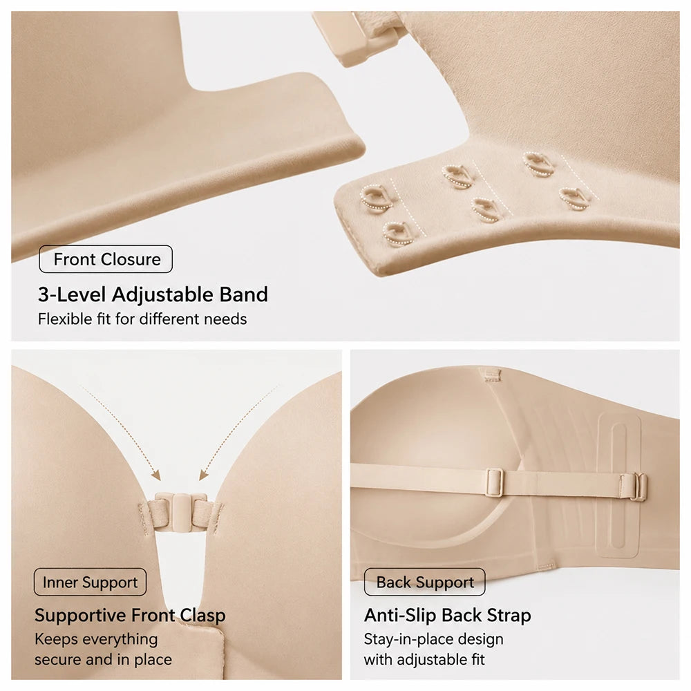 Strapless Padded Push-Up Bra | Front Closure Wireless Seamless Wireless Push-Up Bra Babs