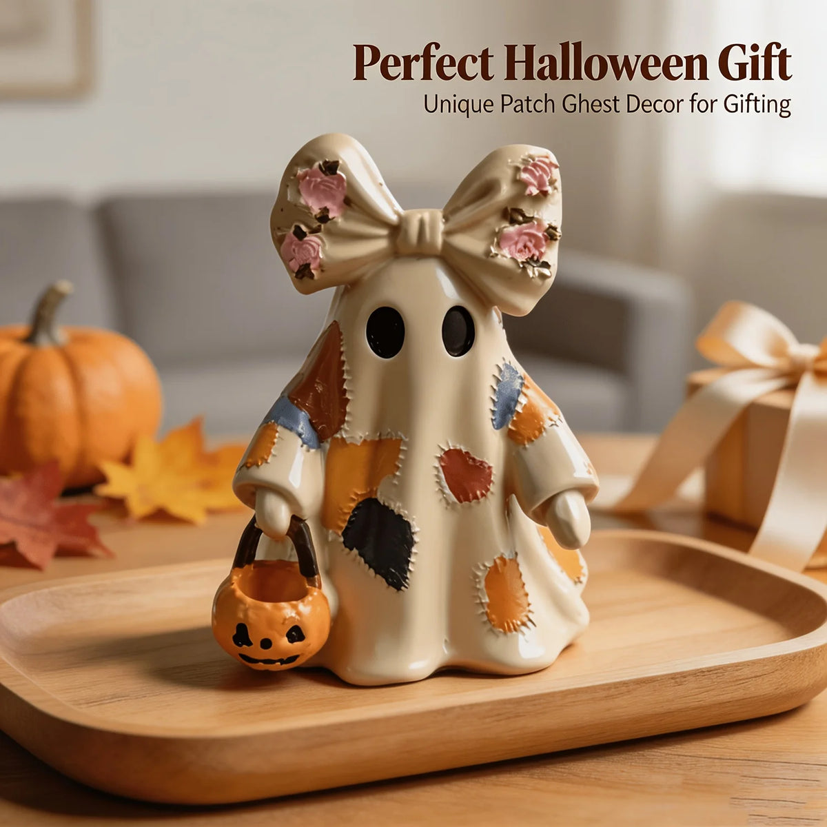 Halloween Ghost Resin Ornament – Pumpkin Candy Bucket & Pink Bow Halloween Resin Ornament Babs