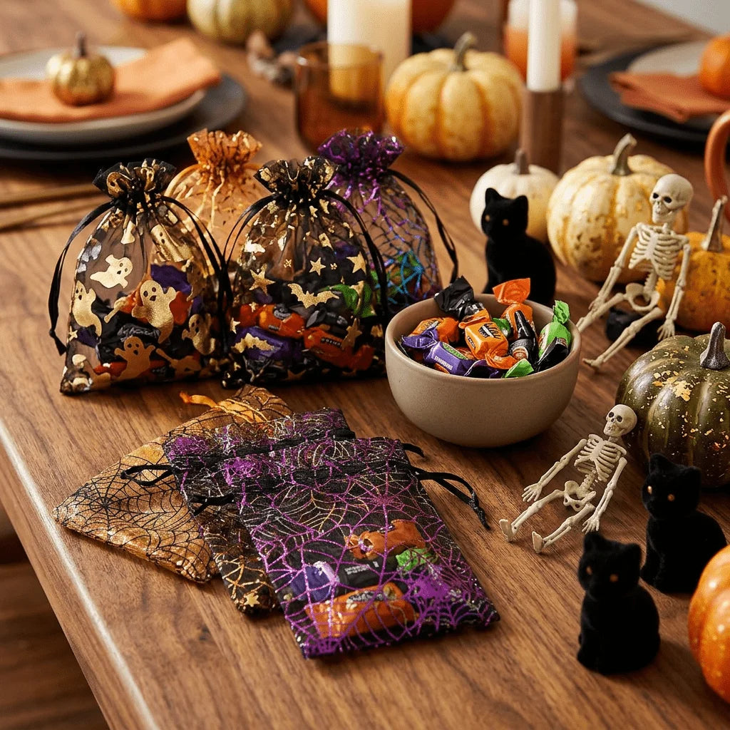 50PCS Halloween Drawstring Candy Bags – Foil Ghost Bat Print Halloween Gift Bags Babs