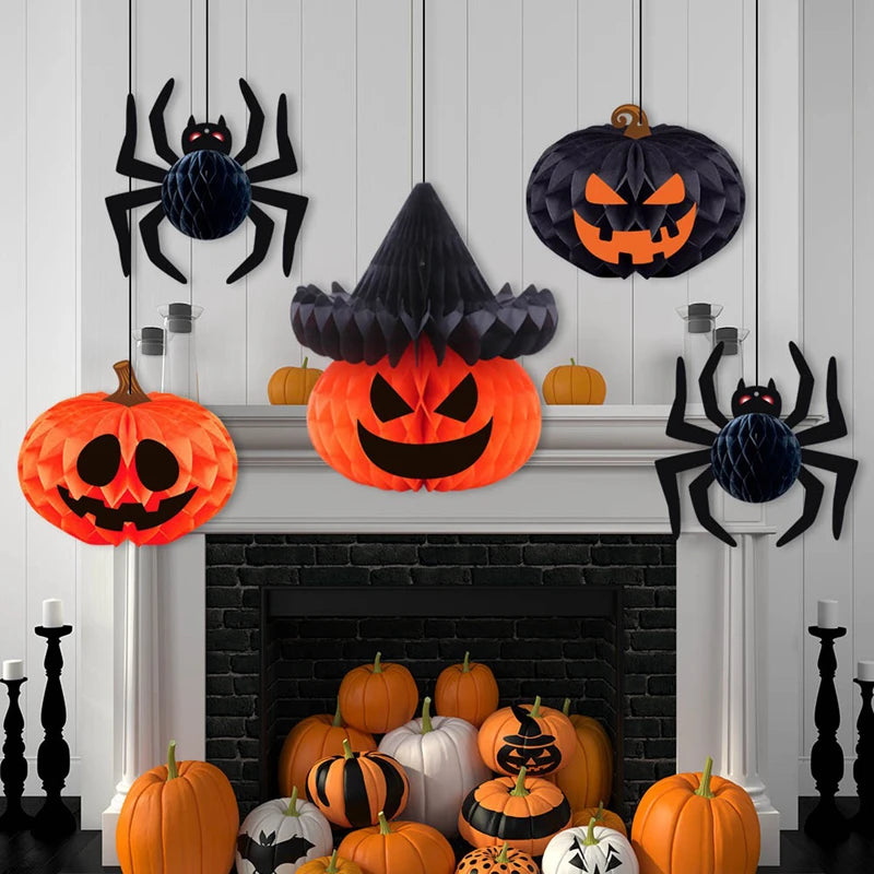 5-Piece Halloween Honeycomb Ball Set – Pumpkin & Spider Decor Halloween Hanging Decor Babs