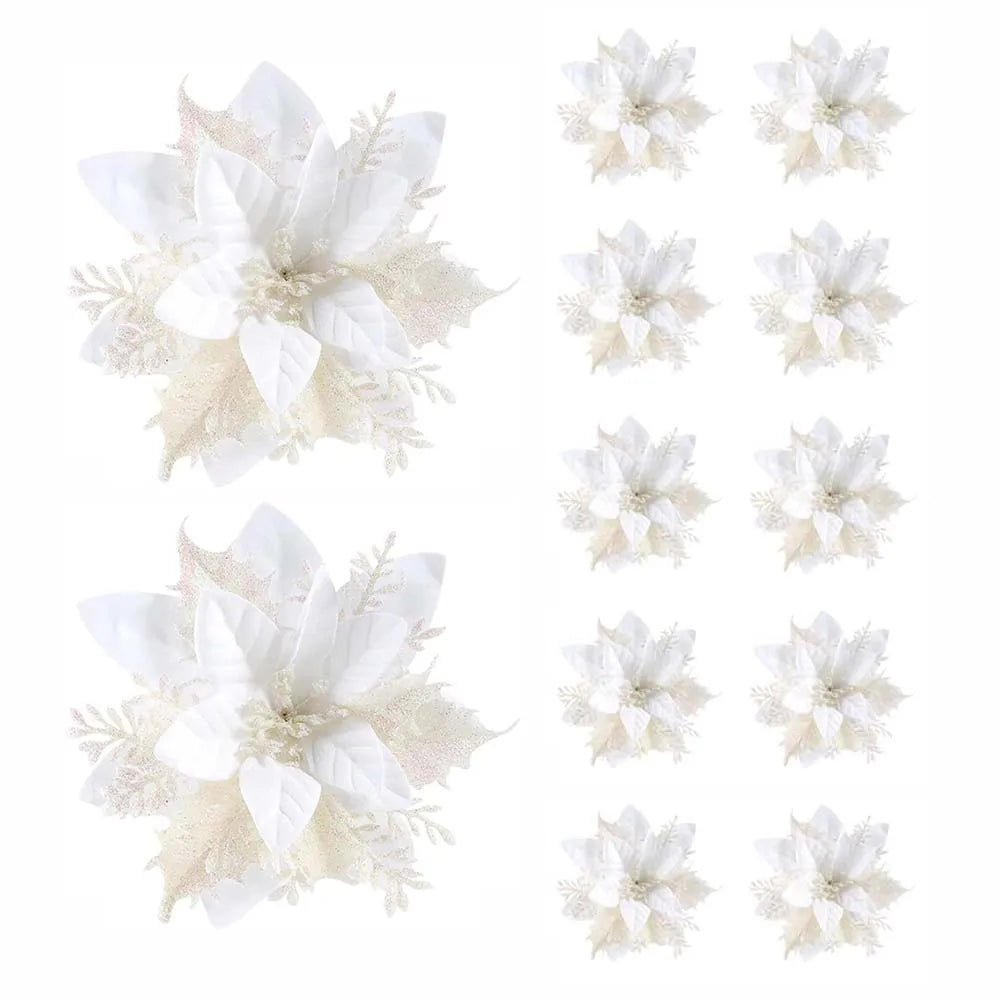Christmas Glitter Flower Ornaments Pink Red Gold 5/10pcs Christmas Tree Ornaments Babs WHITE 10Pcs