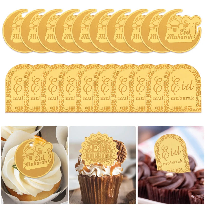 Eid Mubarak Gold Acrylic Cake Toppers | Ramadan Party Decor Cake Toppers Babs
