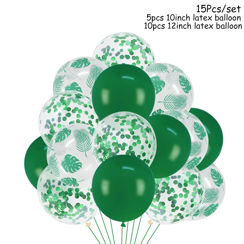 Jungle Safari Party Balloons – Green Latex & Foil Palm Leaf Set Party Balloon Set Babs 15pcs A as picture