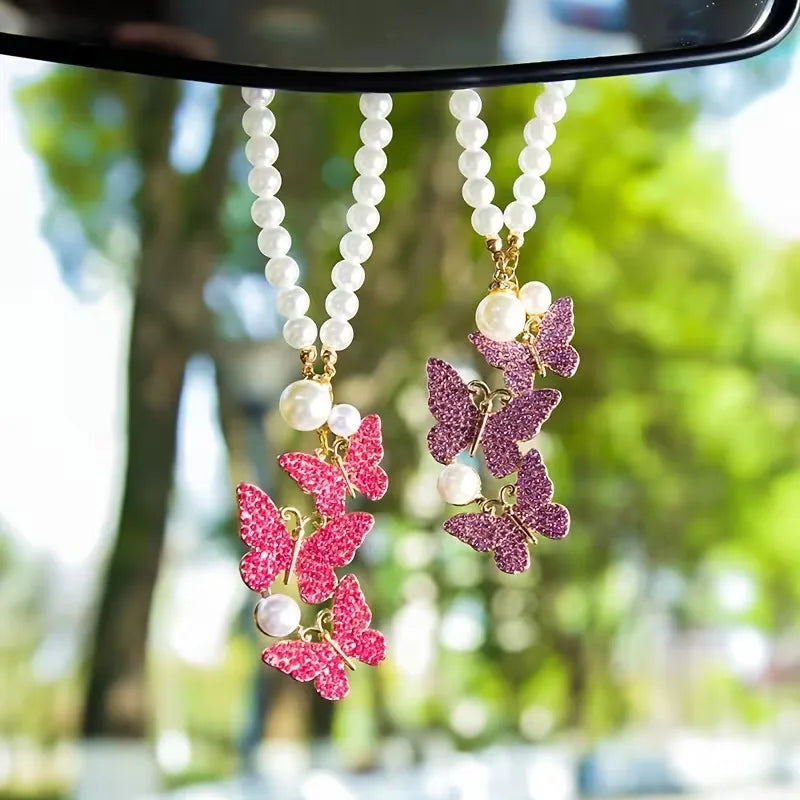 Pearl Butterfly Car Pendant – Rhinestone Alloy Rearview Charm Car Interior Pendant Babs