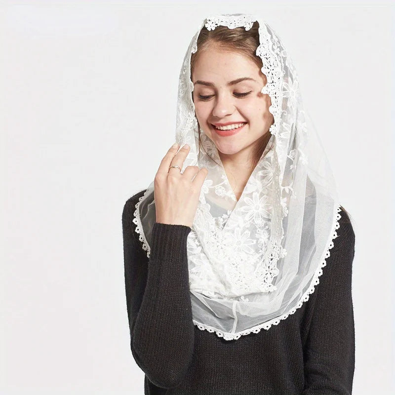 Ivory White Lace Infinity Scarf – Mantilla Chapel Veil for Women Lace Wrap Scarf Babs