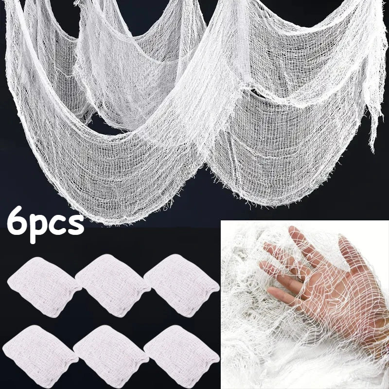 Halloween Gauze Fabric Black & White DIY Party Decoration Halloween Decoration Fabric Babs White-6PCS