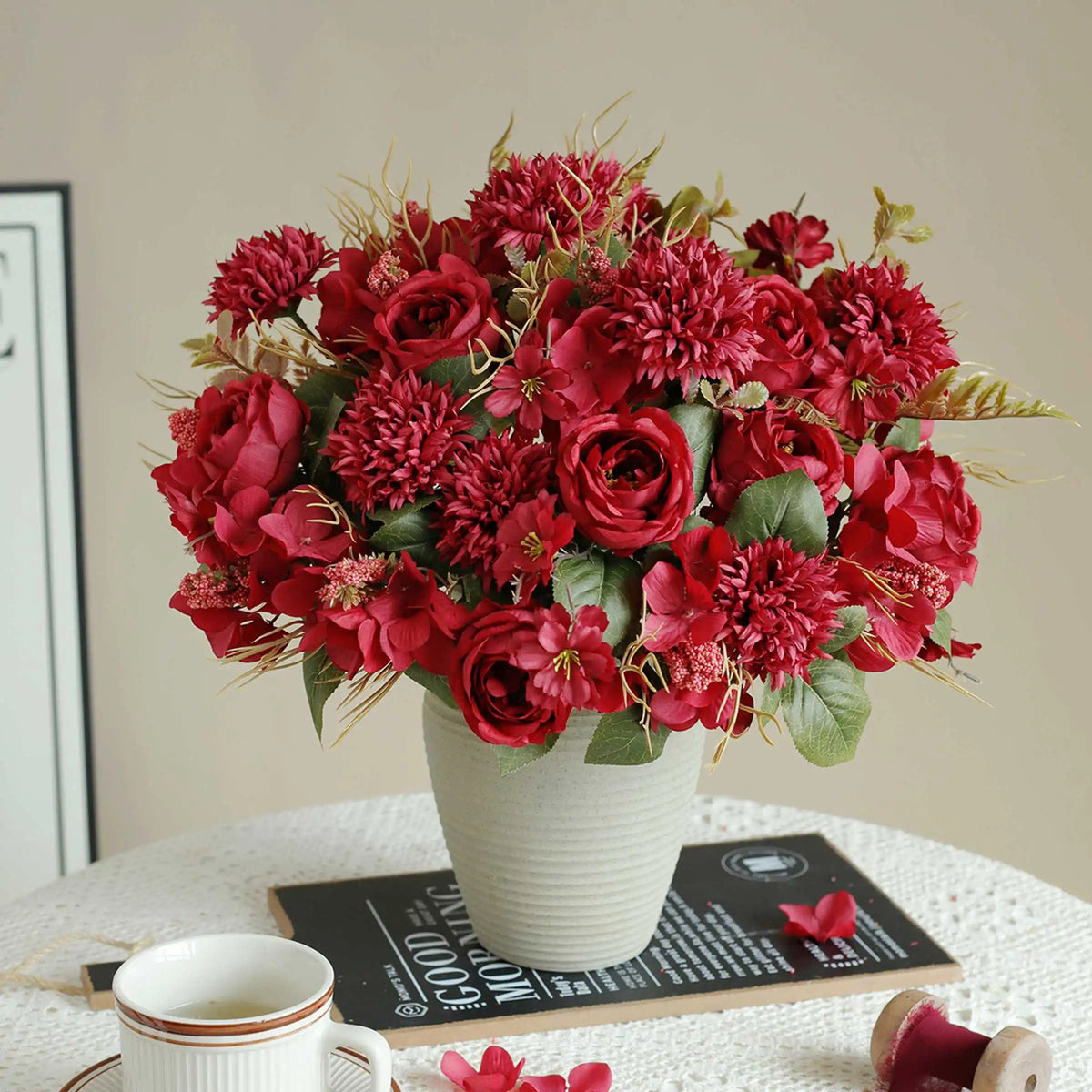 Silk Rose & Peony Artificial Bouquet – Wedding & Home Décor Artificial Flower Bouquet Babs Red 1 pc