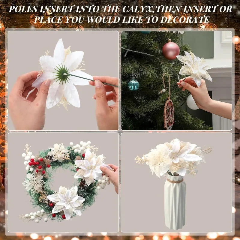 3Pcs White Glitter Artificial Flower Stems Christmas Tree Decor Christmas Tree Picks Babs