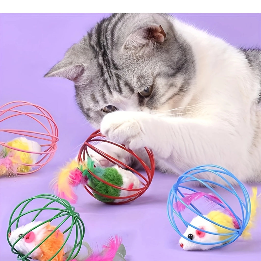 Interactive Cat Wire Cage Mouse Toy with Feather & Jingle Bell Interactive Cat Toy Babs