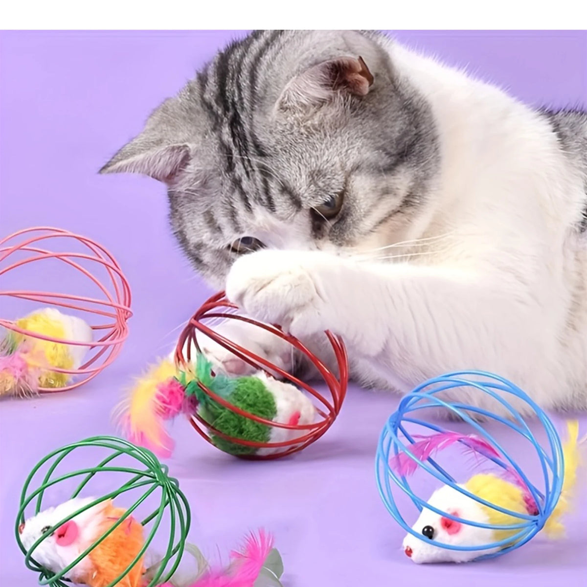 Interactive Cat Wire Cage Mouse Toy with Feather & Jingle Bell Interactive Cat Toy Babs