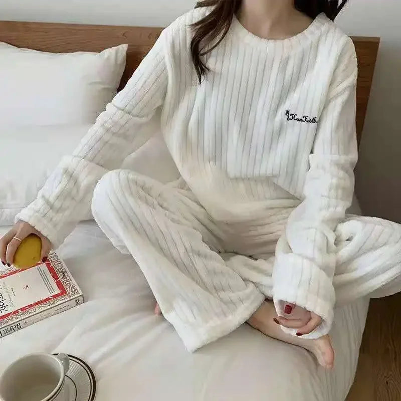 Women's Coral Fleece Flannel Pajama Set – Cozy Winter Loungewear Fleece Pajama Set Babs White 1PC One SIze