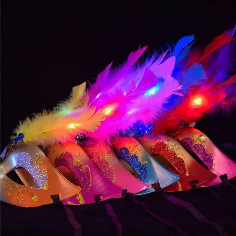 LED Flashing Feather Venice Mask – Masquerade Party Cosplay Feather Ball Mask Babs
