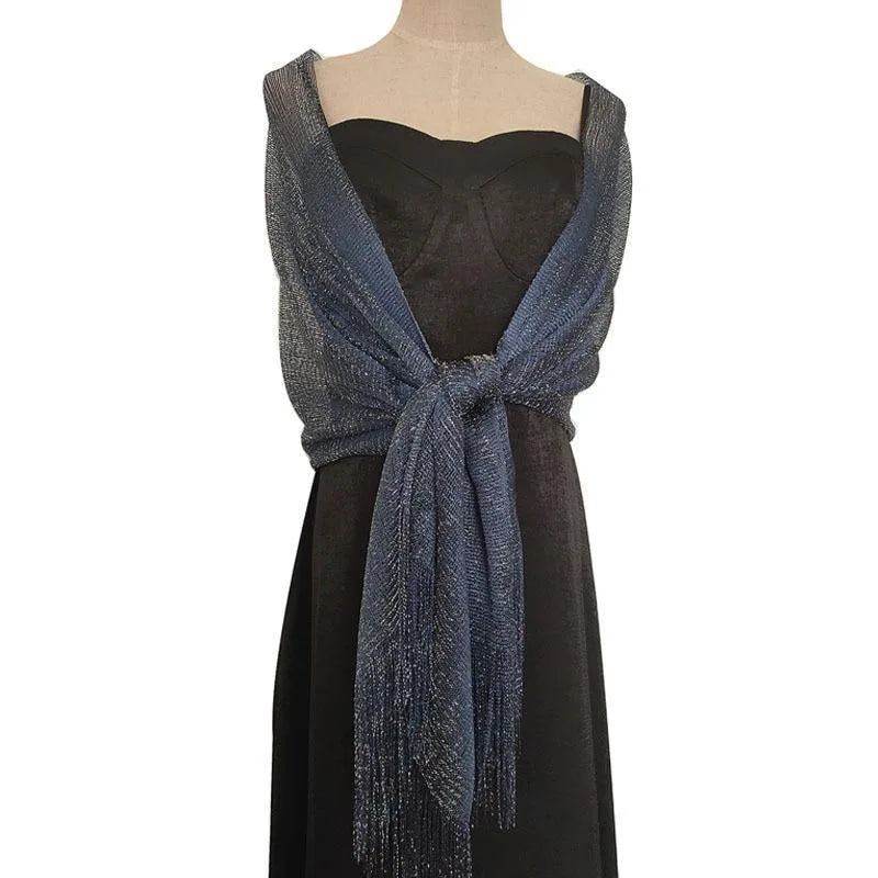 Gold Silver Tassel Shawl Scarf – Bridal & Evening Wrap Evening Wrap Shawl Babs navy