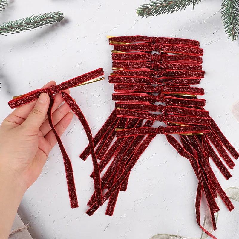 12pcs Red Gold Velvet Bow Christmas Tree Glitter Ornaments Christmas Bow Ornaments Babs