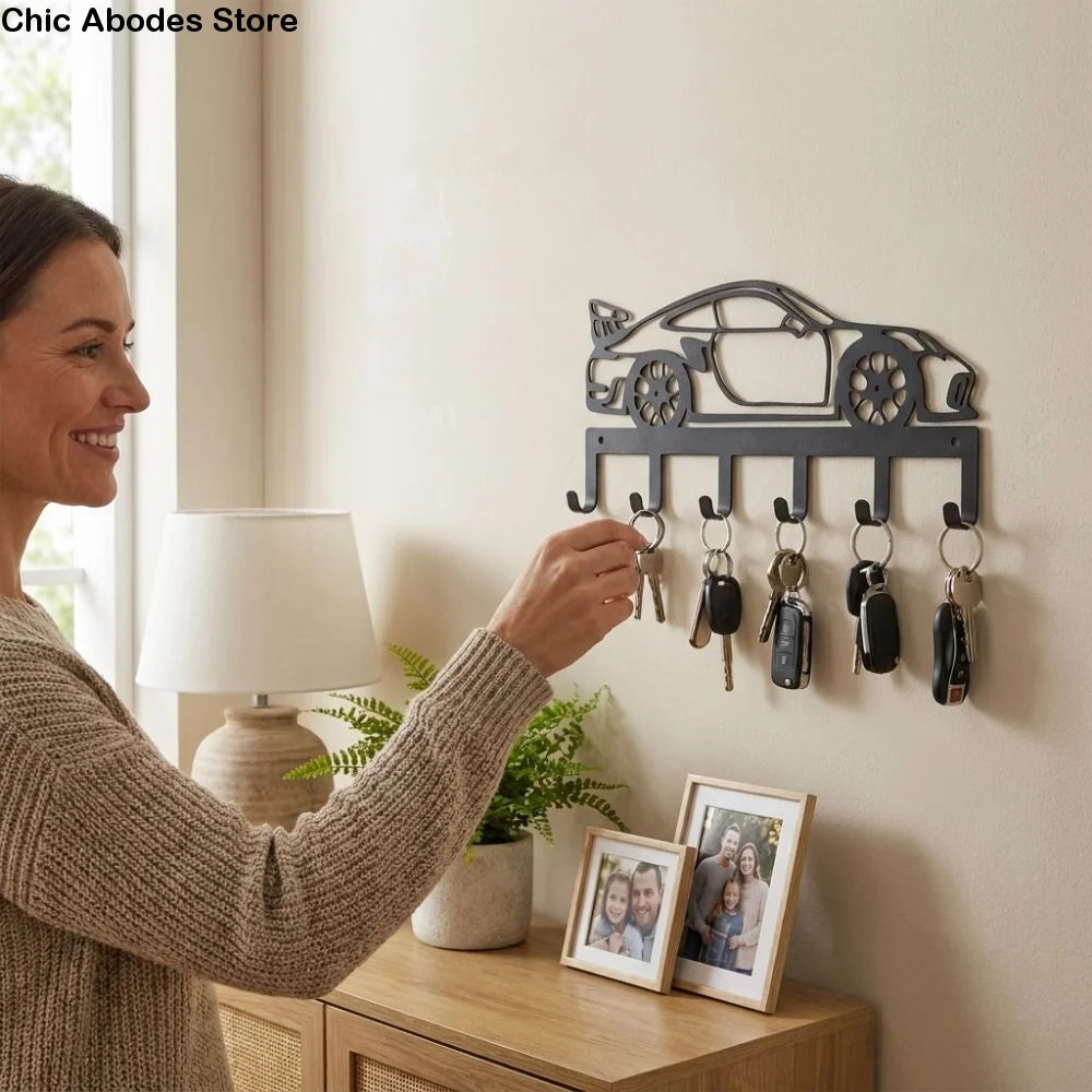 Black Industrial Metal Wall Key Rack – 6 Hooks, Pre-Drilled Wall Key Rack Babs