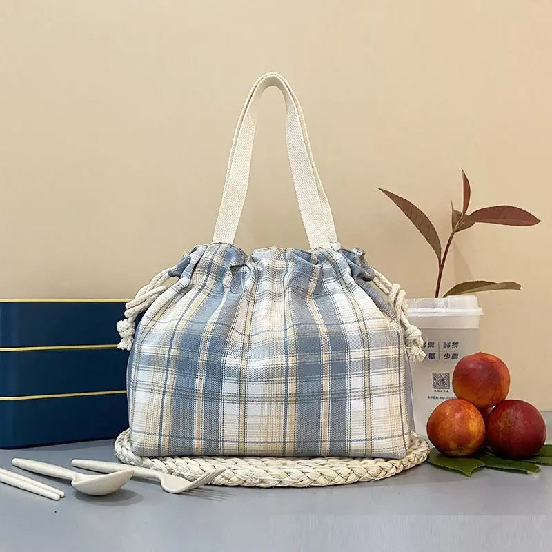 Plaid Drawstring Lunch Bag – Waterproof & Oil-Resistant Tote Drawstring Lunch Bag Babs