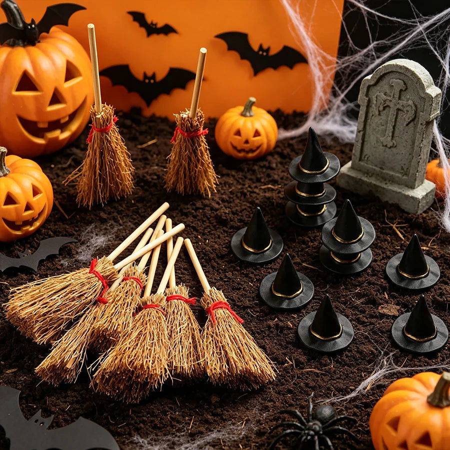 20Pcs Mini Witch Hats & Brooms Halloween DIY Decoration Set Halloween Craft Decor Babs