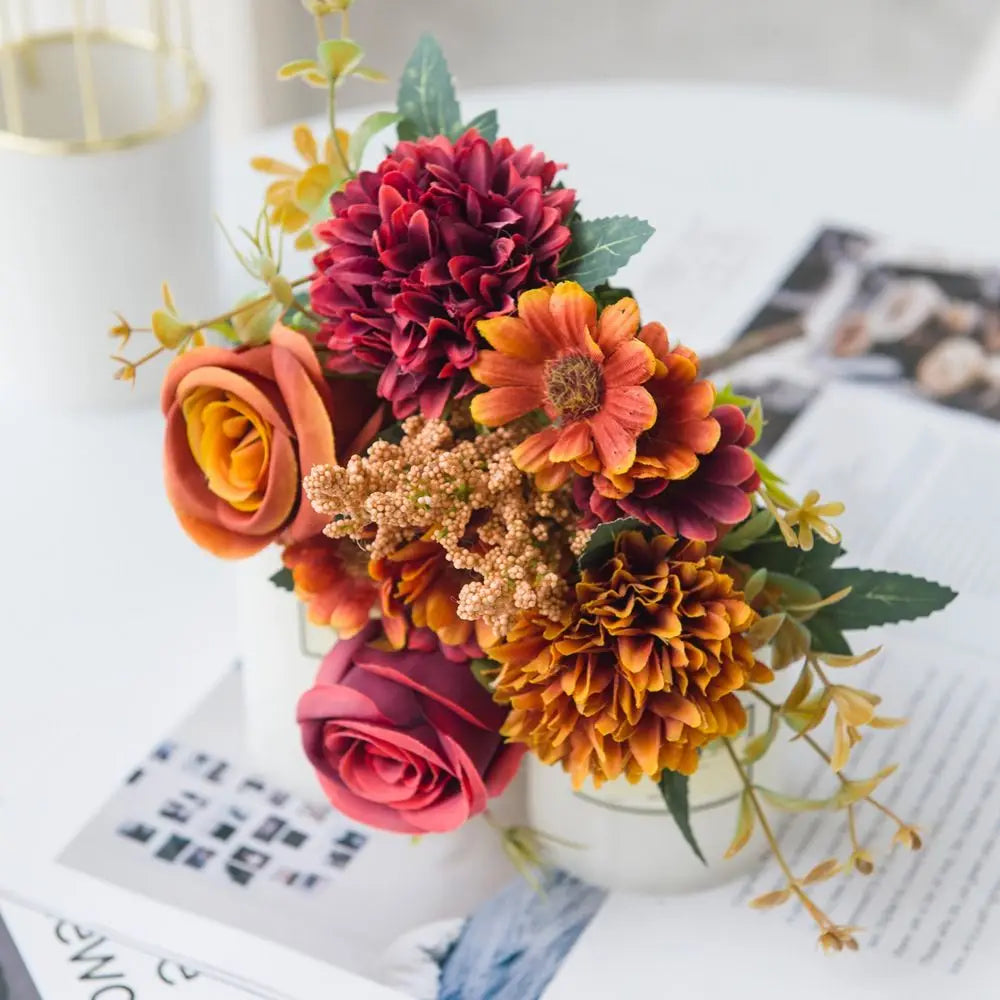 Silk Rose & Chrysanthemum Artificial Bouquet – 1 or 3 Pcs Artificial Flower Bouquet Babs