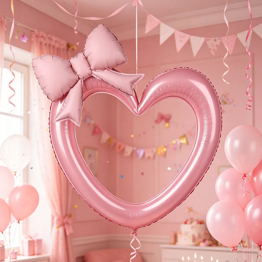 2pcs Hollow Heart Foil Balloons Pink Bow – Party Wedding Décor Foil Party Balloons Babs