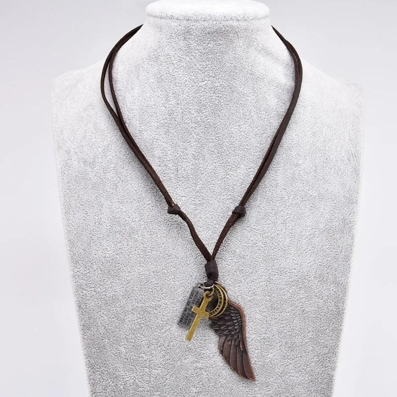 Vintage Leather Feather Pendant Necklace – Unisex Jewelry Pendant Necklace Babs