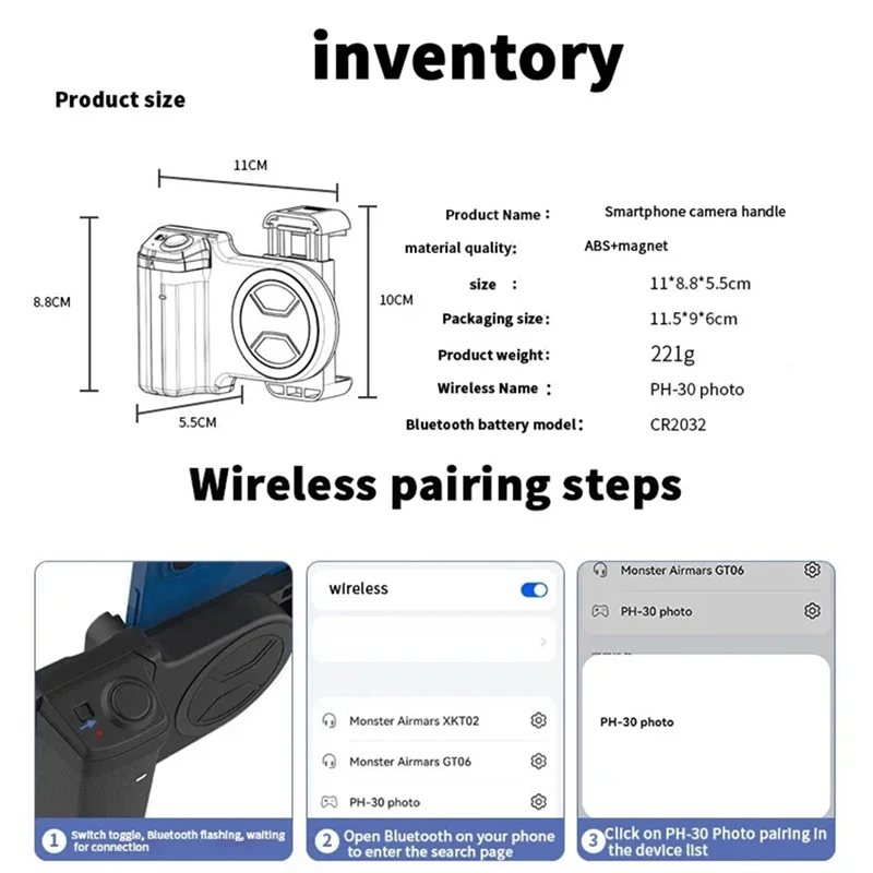 Smartphone Selfie Grip Handle & Bluetooth Shutter Remote Smartphone Camera Grip Babs