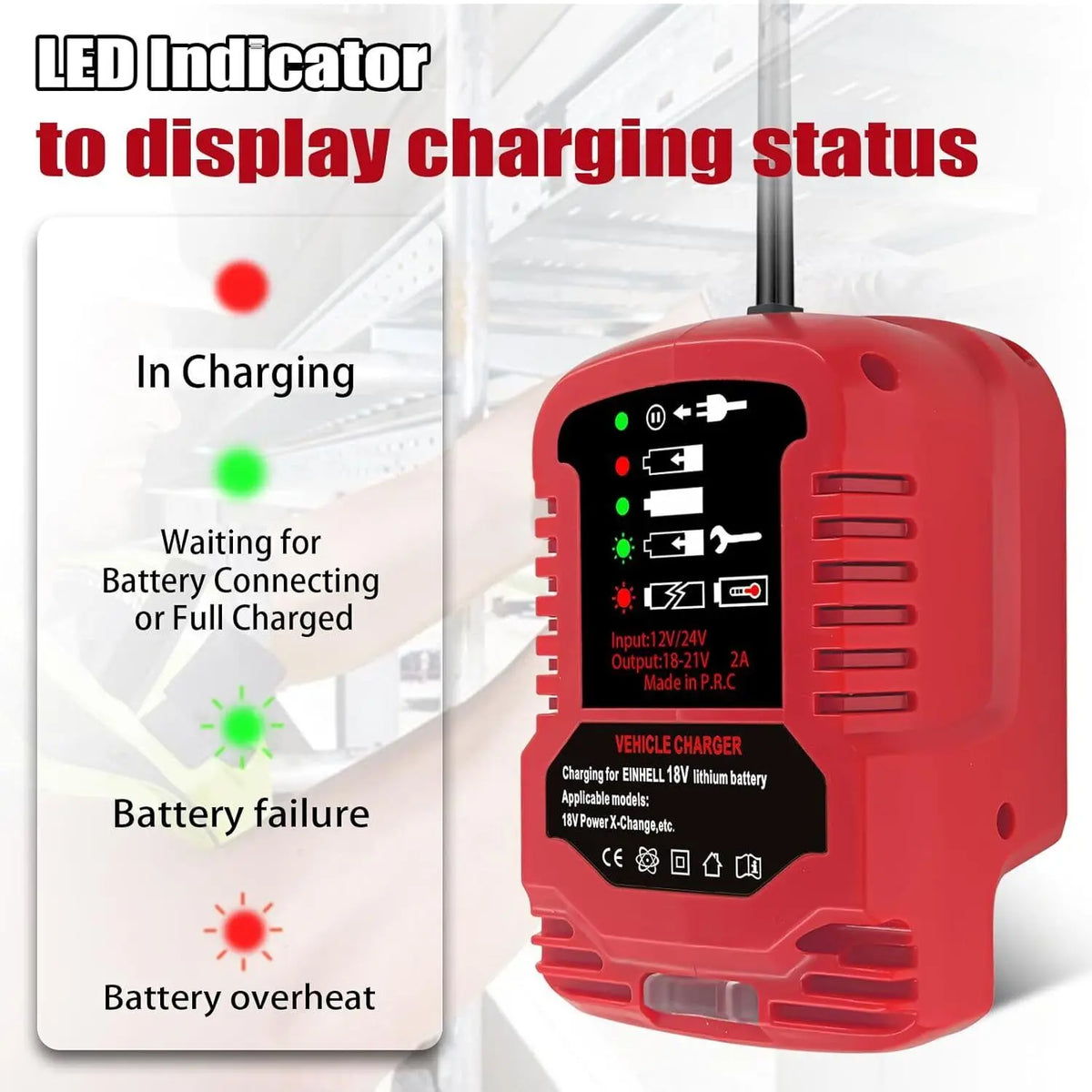 12V/24V Car Charger for 18V Li-Ion Batteries – LED Indicator Li-Ion Battery Charger Babs