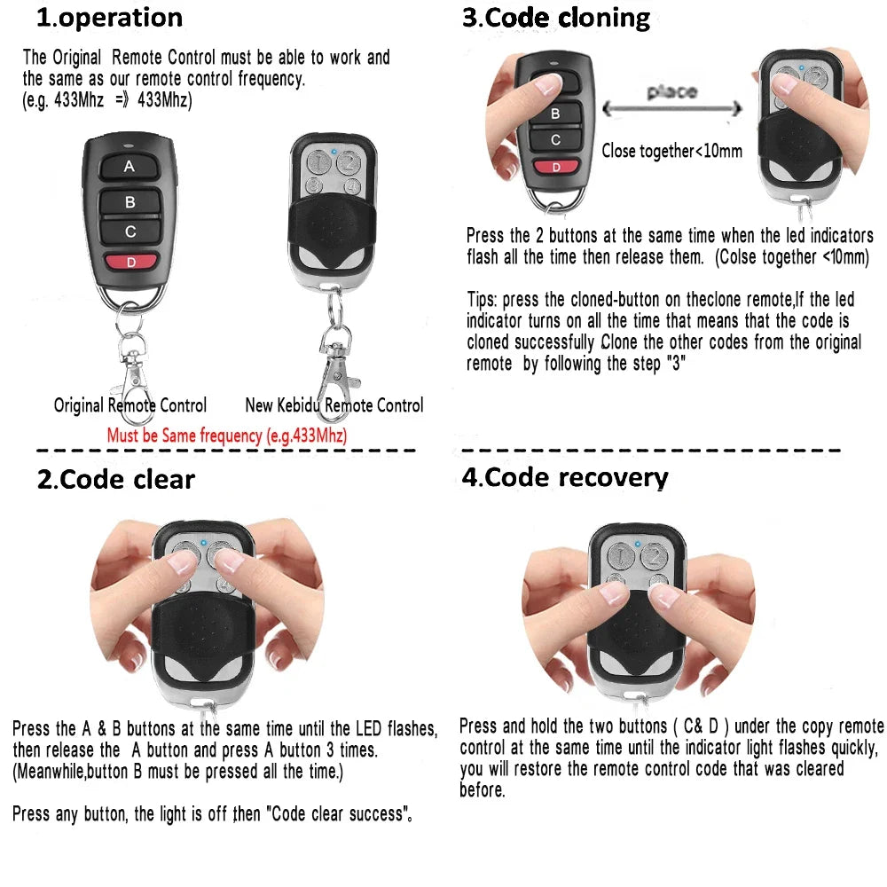 433MHz 4-Button Garage Door Remote Duplicator | Universal Clone Garage Remote Duplicator Babs