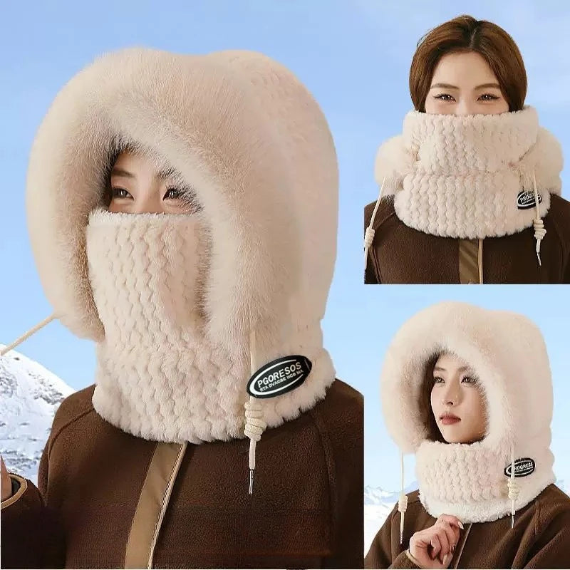 Women's Thermal Plush Hat Hood Scarf & Mask – Windproof Winter Hat Hood Babs