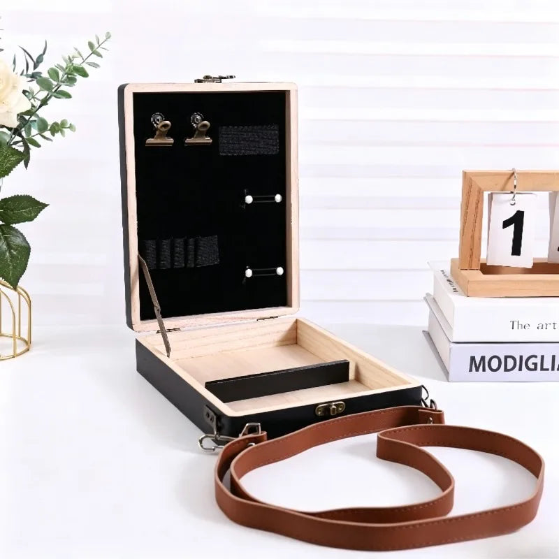 Vintage Wooden Storage Box with Shoulder Strap | Stationery Case Wooden Storage Organizer Babs