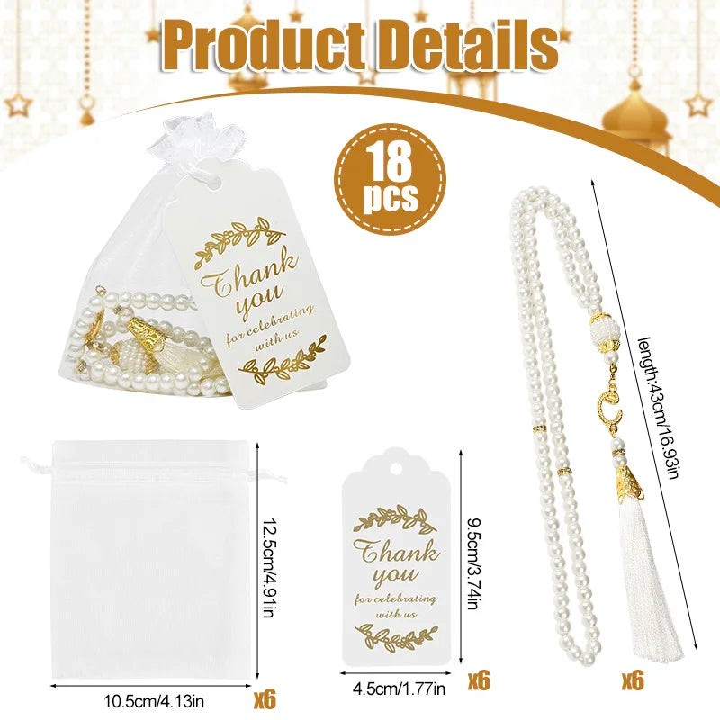 18pc Muslim Tasbih Prayer Beads Gift Set – 99 Glass Pearl Misbaha Prayer Beads Set Babs 6Bracelet 6Card 6Bag
