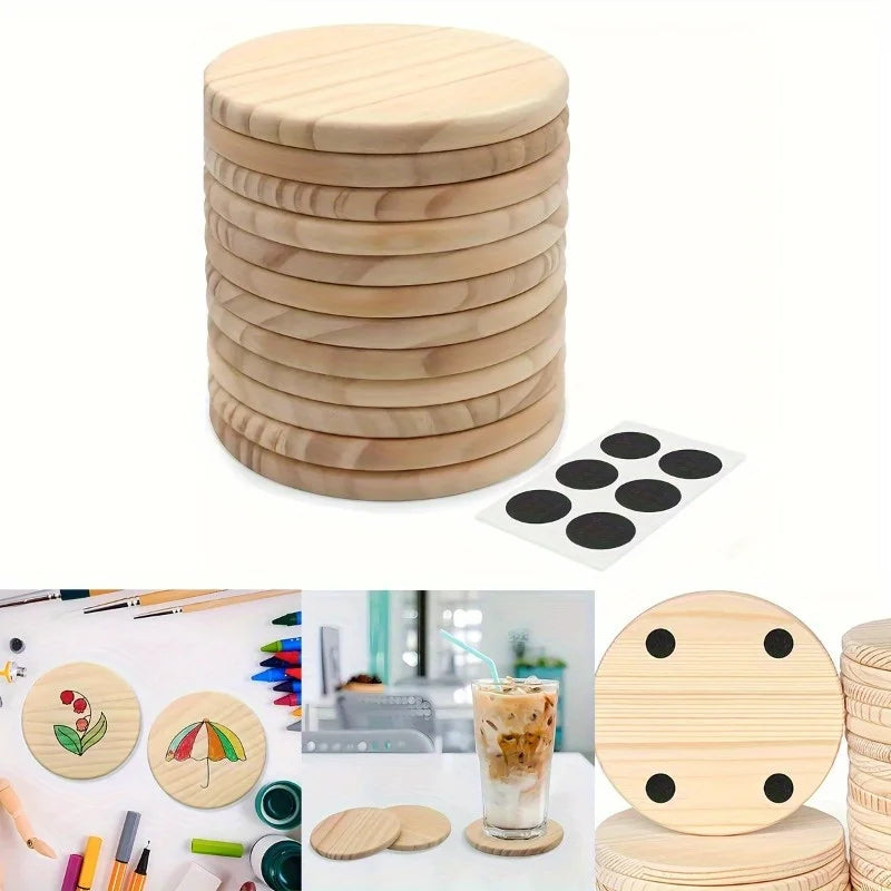 DIY Blank Round Wooden Coaster Set with Handle – Paint & Stain DIY Wood Craft Kit Babs